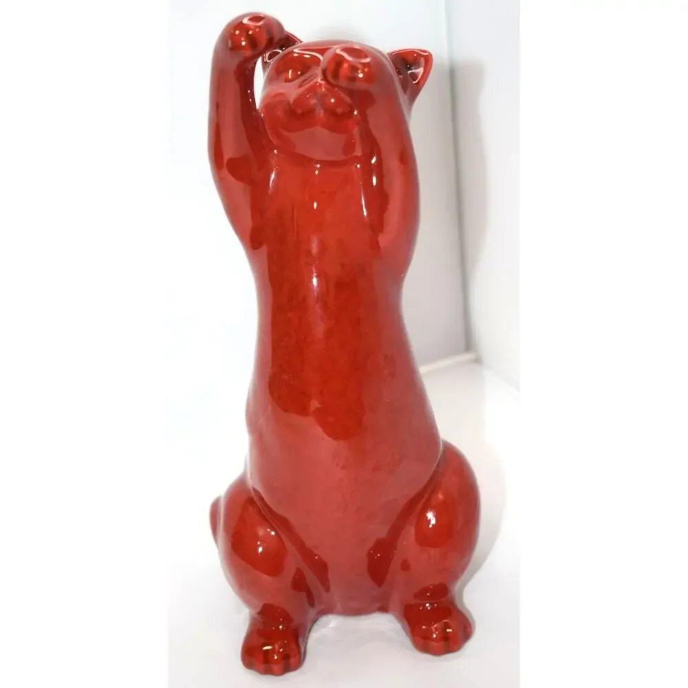 Mid Century Modern MCM Brick Red Ceramic Cats Mom‎ 10 inch and Kitten 8 Inch